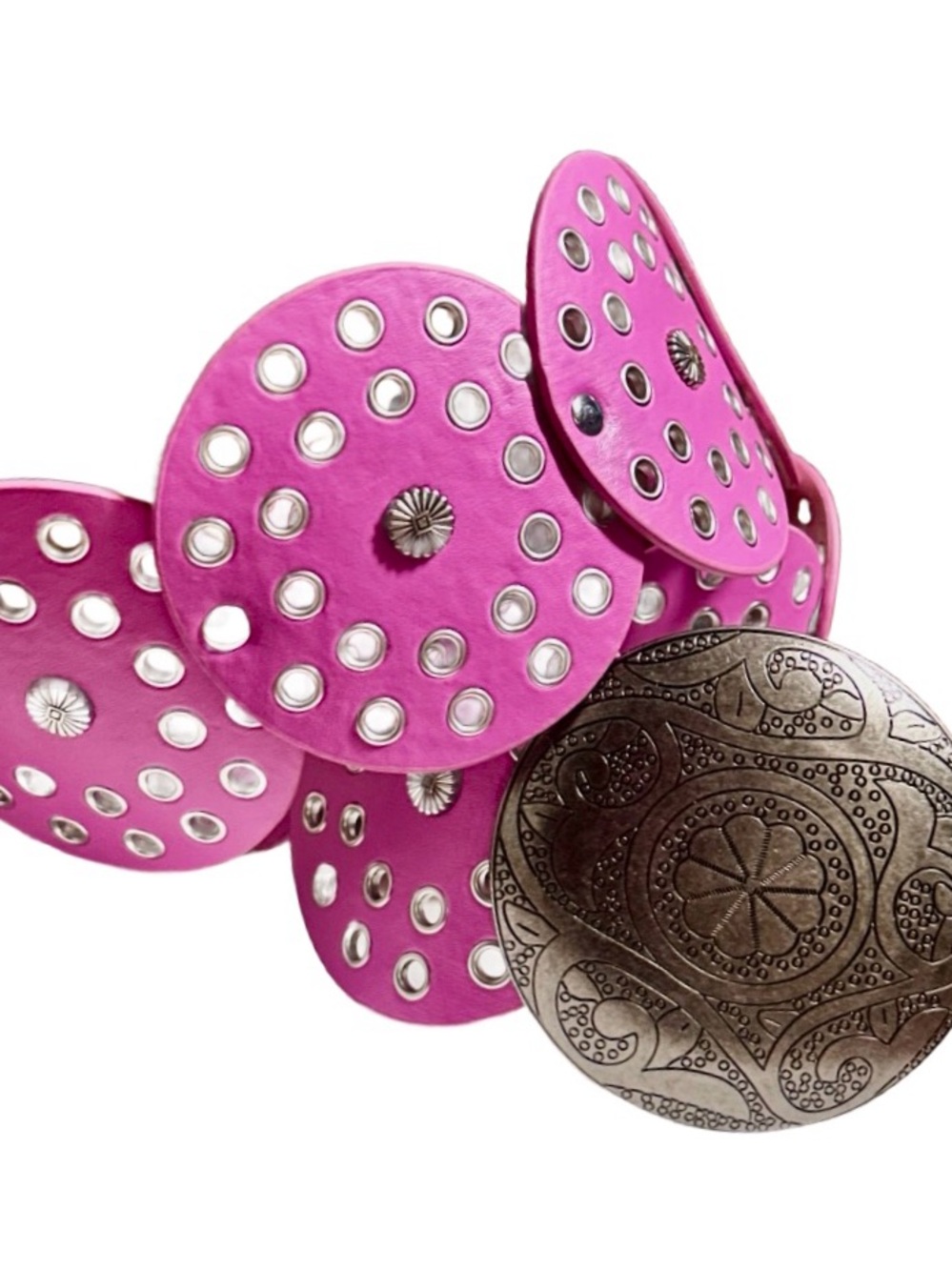 Women’s Large ~ Pink Round Disc Leather W/ Silver Studded Boho Conchos Belt ~New